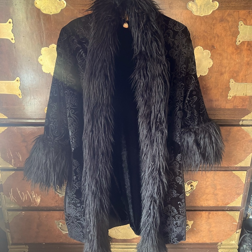 Black velvet faux fur coat